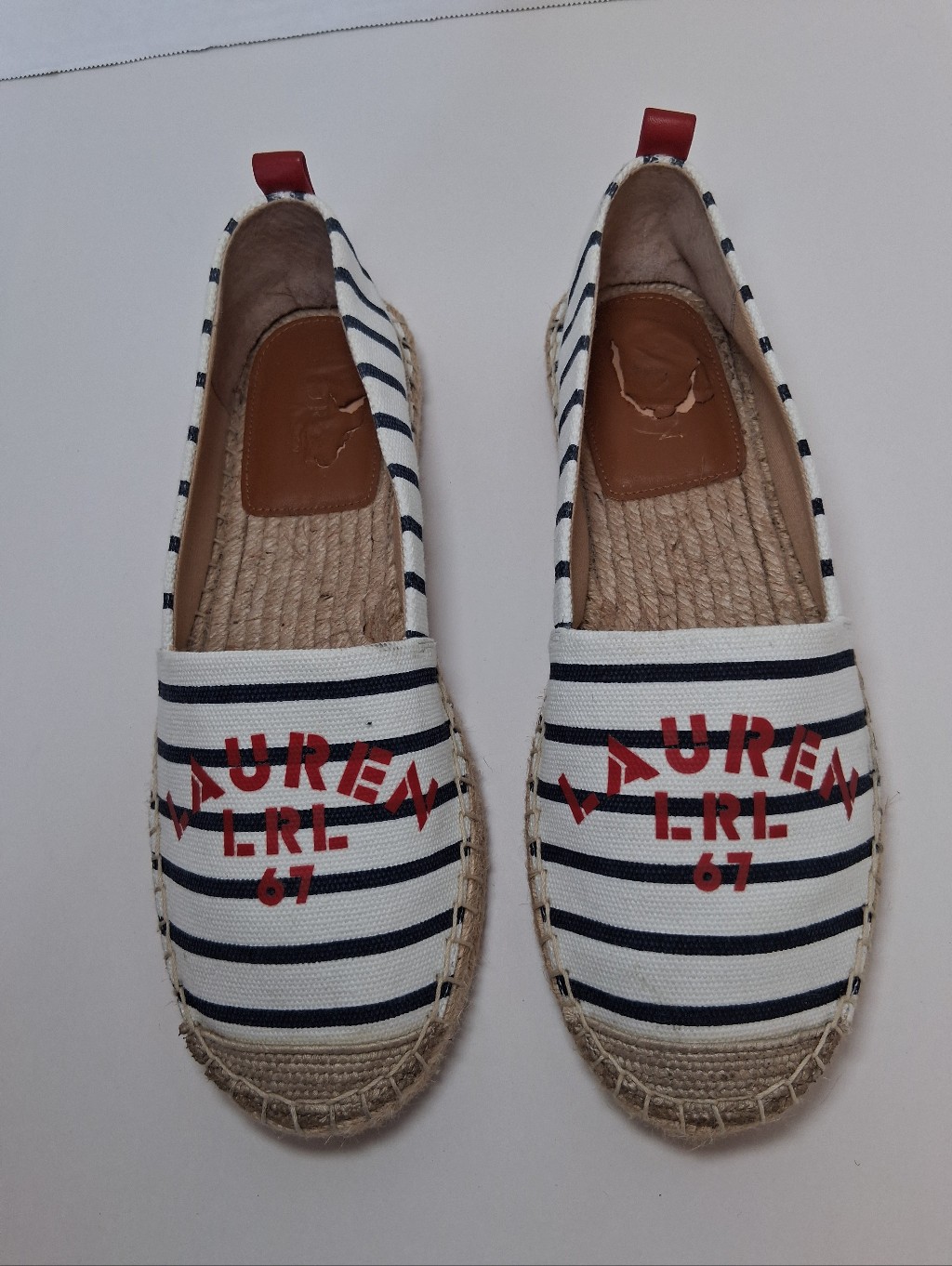 Lauren Ralph Lauren Navy & White Striped Espadrille With Red Logo